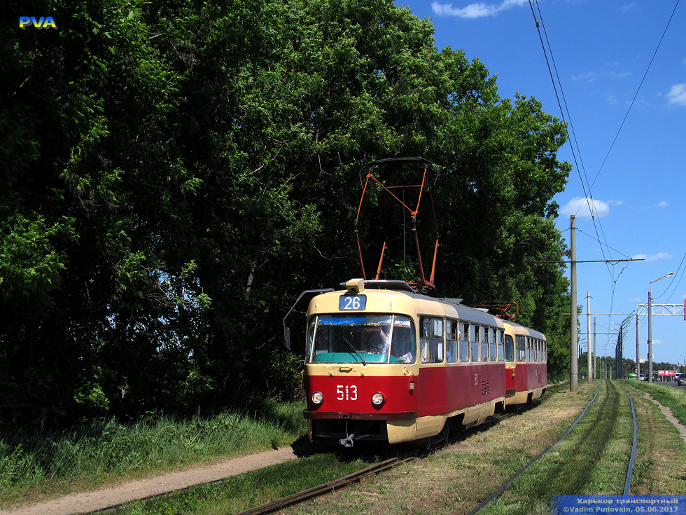 Tatra-T3SU #513-514 26-го маршрута на пробивке улицы Героев труда в районе Лазьковского моста