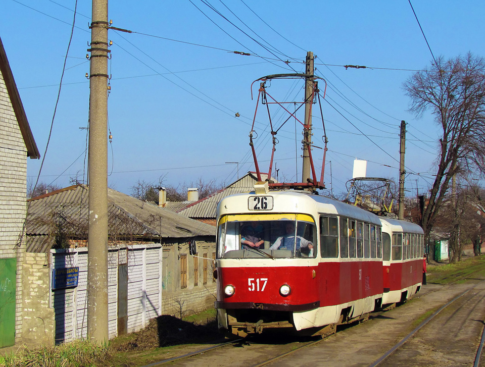 Tatra-T3SU #517-518 26-го маршрута на улице Матюшенко перед Журавлёвским спуском