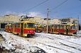 Вагоны Tatra-T3SU #578-669, #623 и #561 возле производственного корпуса Салтовского трамвайного депо
