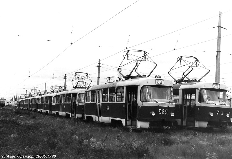 Tatra-T3SU #589-590-591 23-го маршрута и #713-714 29-го маршрута в открытом парке Салтовского трамвайного депо