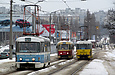 Tatra-T3SU #598 16-го маршрута, #743 27-го маршрута и #656 8-го маршрута на улице Академика Павлова возле перекрестка с Салтовским переулком