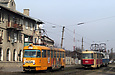 Tatra-T3SU #638 27-го маршрута и #695 на буксире у ВТП-3 на улице Академика Павлова в районе улицы Серп и молот