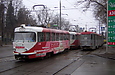 Tatra-T3SU #657-658 22-го маршрута и #517-518 26-го маршрута на улице Веснина на перекрестке с улицей Пушкинской и Журавлевским спуском