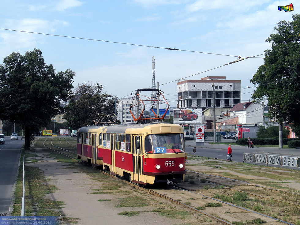 Tatra-T3SU #665-664 27-го маршрута на Московском проспекте в районе универмага "Харьков"