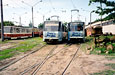 Tatra-T6B5 #1525 и #1566 с рекламой "Dent & Health" в открытом парке Коминтерновского трамвайного депо
