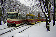 Tatra-T6B5 #1547-1548 5-го маршрута и Tatra-T3SU #645-646 26-го маршрута на конечной станции "Парк им. Горького"