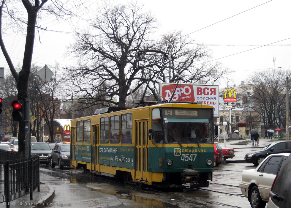Tatra-T6B5 #4547 5-го маршрута на улице Пушкинской возле станции метро "Архитектора Бекетова"