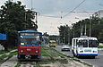 Tatra-T6B5 #4563 5-го маршрута и ЗИУ-682 #866 63-го маршрута на проспекте Героев Сталинграда перед перекрестком с улицей Морозова