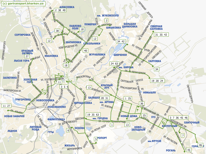 Схема троллейбусных маршрутов Харькова по состоянию на 26 января 2009 года