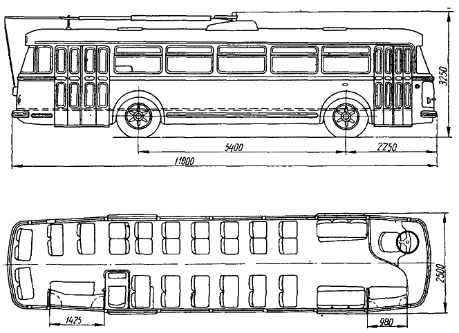 Габаритный чертеж троллейбуса Skoda-9Tr